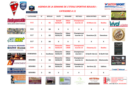 AGENDA DE LA SEMAINE DE L’ETOILE SPORTIVE BOULIEU : CATEGORIE A 11