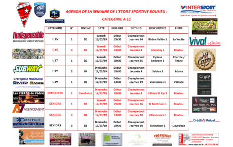 AGENDA DE LA SEMAINE DE L’ETOILE SPORTIVE BOULIEU : CATEGORIE A 11