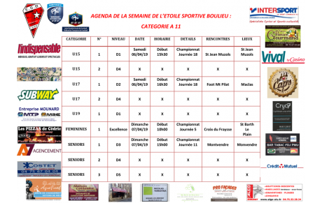 AGENDA DE LA SEMAINE DE L’ETOILE SPORTIVE BOULIEU : CATEGORIE A 11