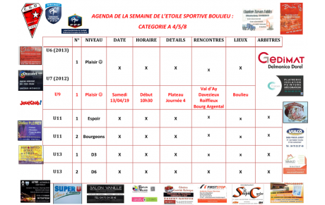 AGENDA DE LA SEMAINE DE L’ETOILE SPORTIVE BOULIEU : CATEGORIE A 4/5/8