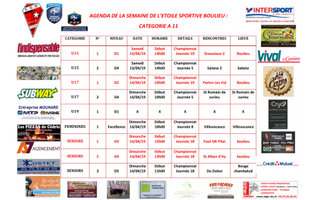 AGENDA DE LA SEMAINE DE L’ETOILE SPORTIVE BOULIEU : CATEGORIE A 11