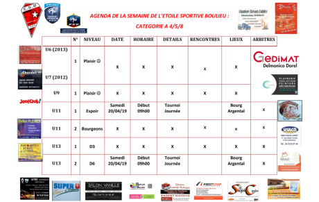 AGENDA DE LA SEMAINE DE L’ETOILE SPORTIVE BOULIEU : CATEGORIE A 4/5/8