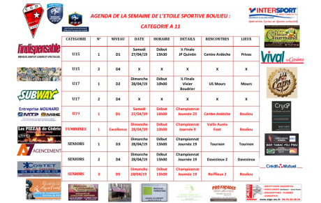 AGENDA DE LA SEMAINE DE L’ETOILE SPORTIVE BOULIEU : CATEGORIE A 11