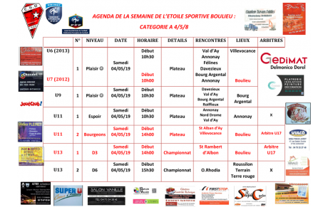 AGENDA DE LA SEMAINE DE L’ETOILE SPORTIVE BOULIEU : CATEGORIE A 4/5/8