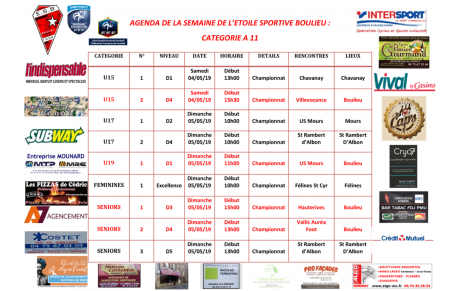 AGENDA DE LA SEMAINE DE L’ETOILE SPORTIVE BOULIEU : CATÉGORIE A 11