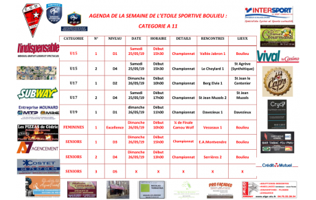 AGENDA DE LA SEMAINE DE L’ETOILE SPORTIVE BOULIEU : CATEGORIE A 11