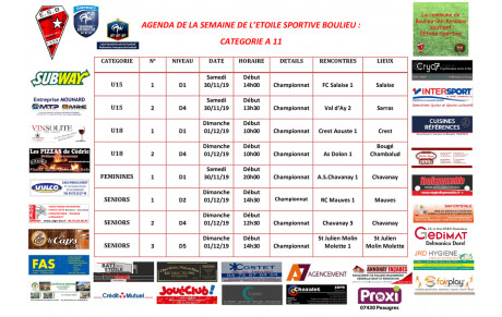 AGENDA DE LA SEMAINE DE L’ETOILE SPORTIVE BOULIEU : CATEGORIE A 11