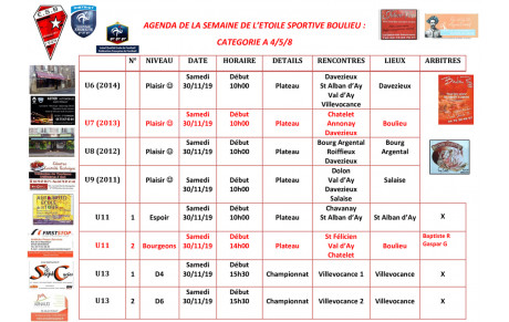 AGENDA DE LA SEMAINE DE L’ETOILE SPORTIVE BOULIEU : CATEGORIE A 4/5/8