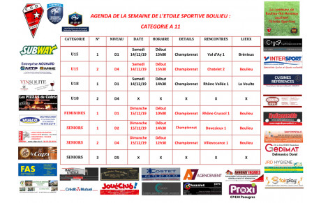AGENDA DE LA SEMAINE DE L’ETOILE SPORTIVE BOULIEU : CATEGORIE A 11