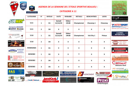AGENDA DE LA SEMAINE DE L’ETOILE SPORTIVE BOULIEU : CATEGORIE A 11