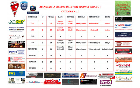 AGENDA DE LA SEMAINE DE L’ETOILE SPORTIVE BOULIEU : CATEGORIE A 11