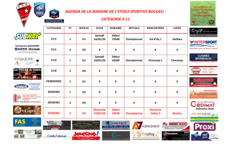 AGENDA DE LA SEMAINE DE L’ETOILE SPORTIVE BOULIEU : CATEGORIE A 11