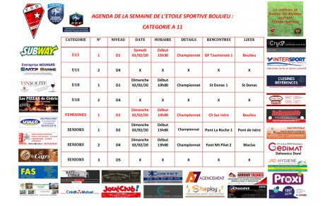 AGENDA DE LA SEMAINE DE L’ETOILE SPORTIVE BOULIEU : CATEGORIE A 11