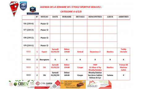 AGENDA DE LA SEMAINE DE L’ETOILE SPORTIVE BOULIEU : CATEGORIE A 4/5/8