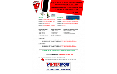  STAGE DE LA TOUSSAINT DU 19 au 29 OCTOBRE 